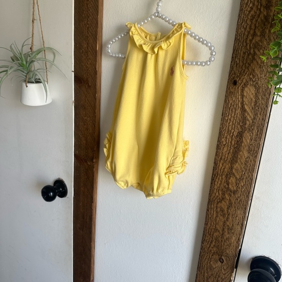 Y2K Ralph Lauren Baby Girl Yellow Ruffled Bubble Ruffle Romper Pink Logo - Picture 8 of 15